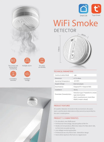 Alarmest Wifi Smoke Detector Smoke Sensor Highly Sensitive For smart Life app control Power by Tuya