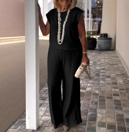 Elegant Women 2-piece Office Set 2025 Group Of Pant Outfit Ladies Temperament Sleeveless O-Neck Blouse Tops&Wide Leg Pants Suit