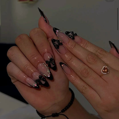 24Pcs False Nails Spicy Girl Silver Bow with Diamond Fake Nails with Glue Almond Press on Nails Black Cool Y2k Almond Nail Set