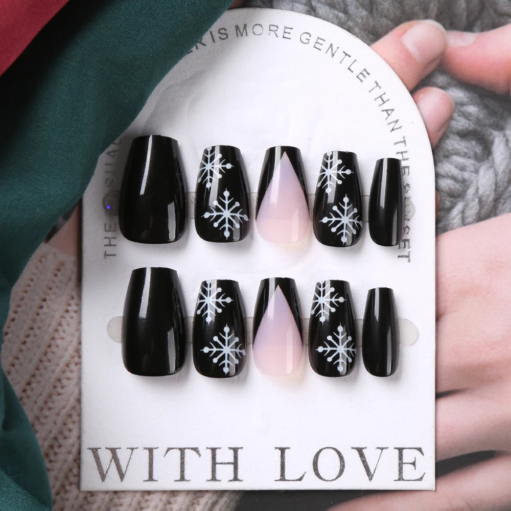 24Pcs Black Press on Nails White Snowflake Christmas Fake Nails Medium Square press on nails French Full Cover False Finger Nail