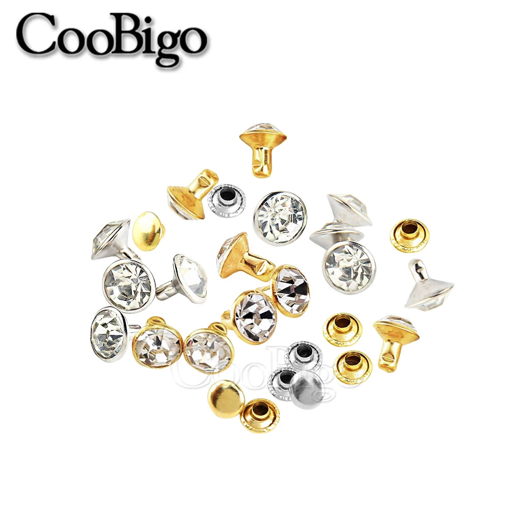 100sets Glass Crystal Double Cap Rivet Stud Rhinestone Nail Spike DIY Leathercraft Fashion Apparel Shoes Bags Decor Accessories