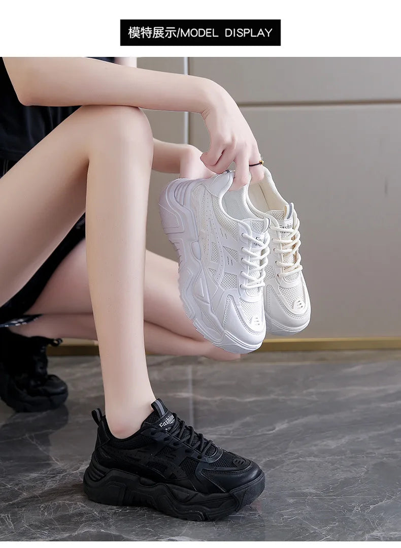 Black Daddy Thick Sole Sneakers Casual Vulcanized Shoes Women High Platform Sneakers Lace Up White Sneakers Women