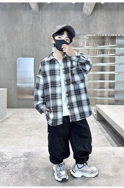 Baby Boys Shirts Fashion Classical Black White Color Plaid Blouse Gentlemen's Long Sleeve Shirt Teen Kids Tops Boys Clothes 5-14