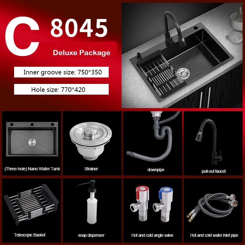 kitchen sink Black nano-sink single-slot household hand-washing basin kitchen large 304 stainless steel sink sink bowl