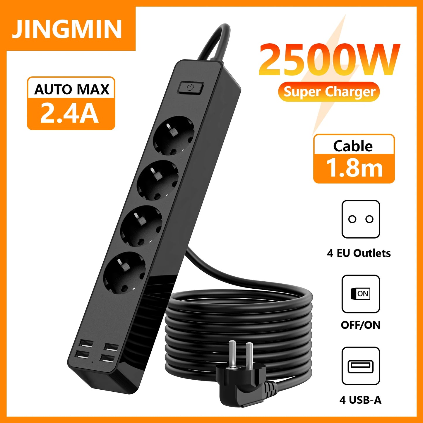 EU Electrical Socket With Safety Switch Power Strip 1.5M Extension Cable Overload Protection USB A Port Charging  On Home  2500W