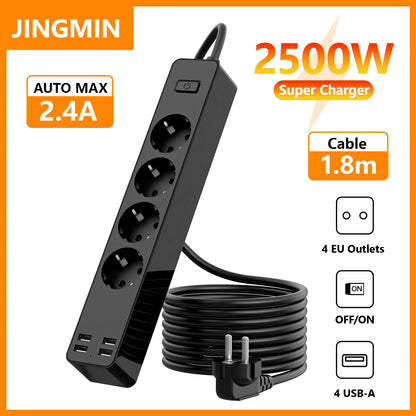 EU Electrical Socket With Safety Switch Power Strip 1.5M Extension Cable Overload Protection USB A Port Charging  On Home  2500W