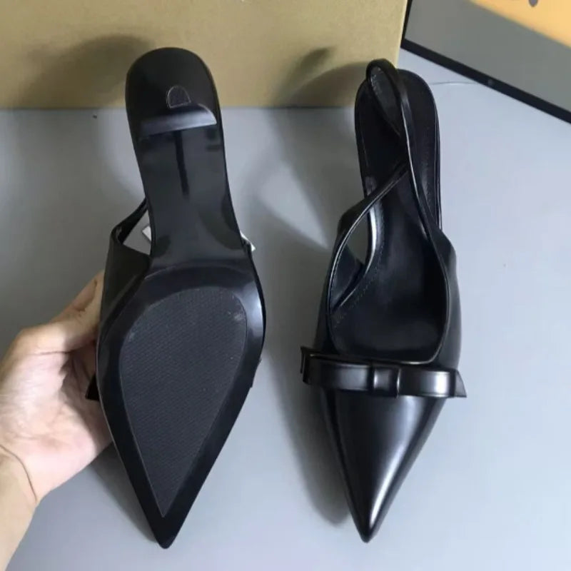 2025 Modern Office Shoes for Women White Black Wedding Slingback Pointed Toe Butterfly Decoration Female High Heeled Sandals