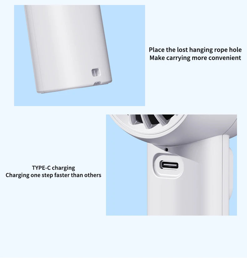 Digital display handheld fan with outdoor portability, USB rechargeable, featuring strong wind power, extended battery life.