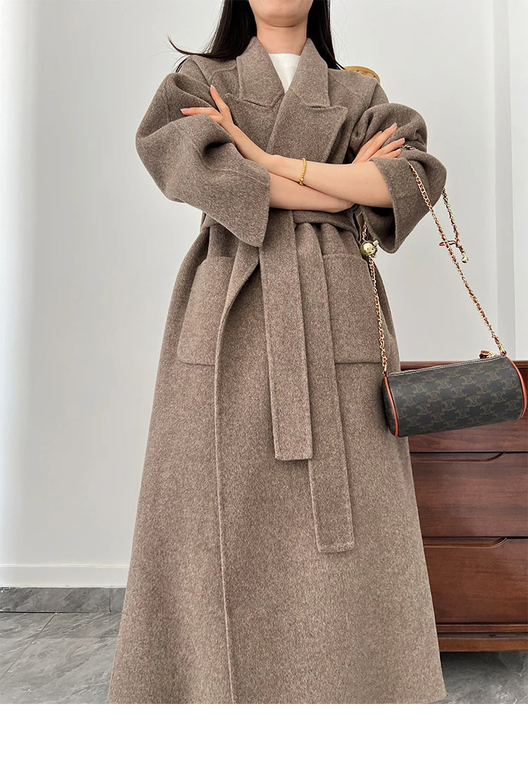 Office Lady Woolen Jackets 2024 Autumn And Winter Bathrobe Style Pocket Double-Sided Loose Lace -Up Tie Women's Long Wool Coats