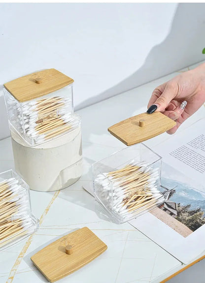 1set Transparent Acrylic Wood Cover Cotton Swab Box With 500 Cotton Swabs Cosmetic Cotton Storage Box