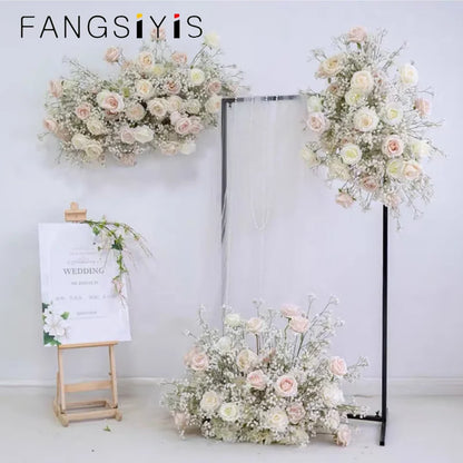 Luxury White Rose Babys breath Artificial Flower Row Wedding Backdrop Arch Decor Hang Floral Arrangement Event Party showcase