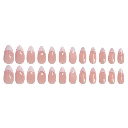 24pcs Fingertips White Press on Nails Pink Almond Wearing Nail Stickers Simple French False Nails Manicure for Women Free Glue