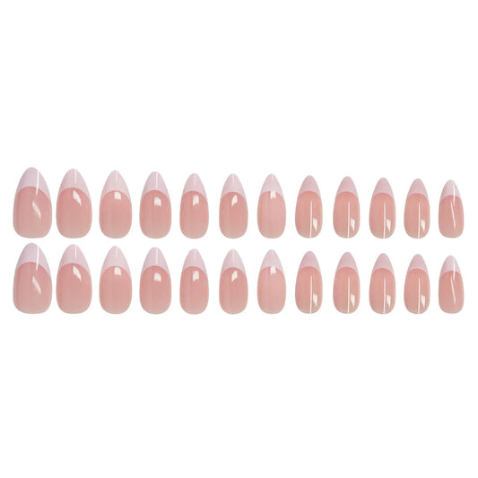 24pcs Fingertips White Press on Nails Pink Almond Wearing Nail Stickers Simple French False Nails Manicure for Women Free Glue