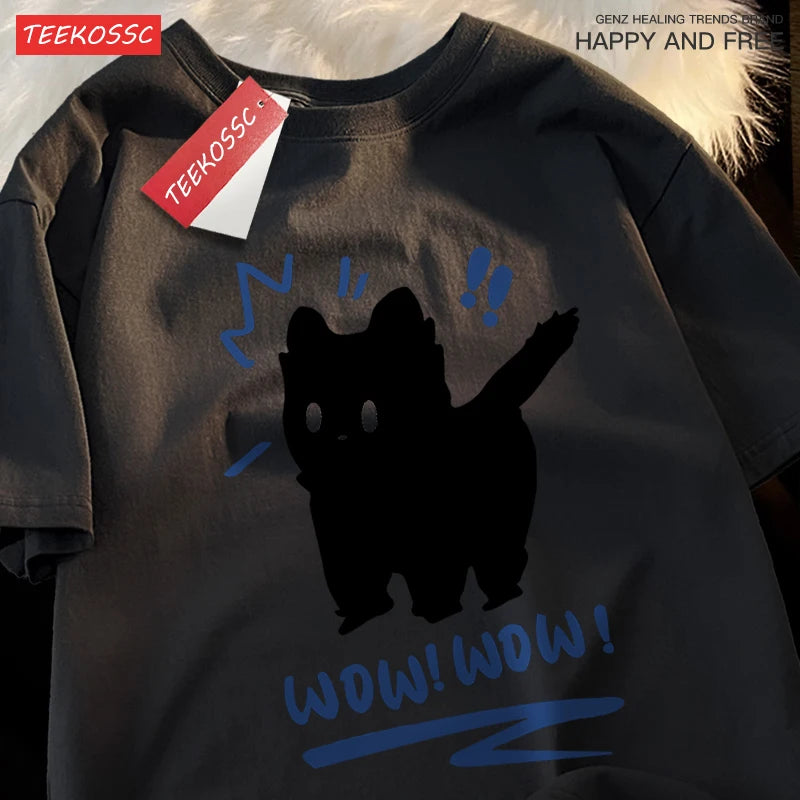 Siblings T Shirts Wow Wow Fun Black Cat Tops Casual Hip Hop Short Sleeve Sport Casual Clothing Cotton Breathable Siblings Tops