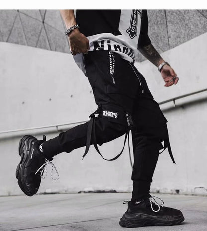 Joggers Cargo Pants for Men Casual Hip Hop Hit Color Pocket Male Trousers Sweatpants Streetwear Ribbons Techwear Pants