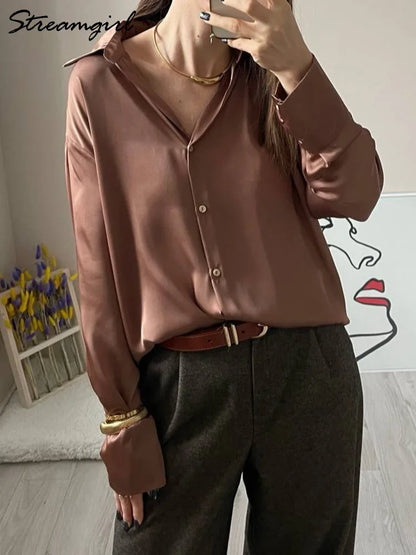 Office Wear Women Shirts Satin Blouse Luxury Pink Long Sleeve Formal Shirts Female Button Silk Tops For Women Elegant All-Match