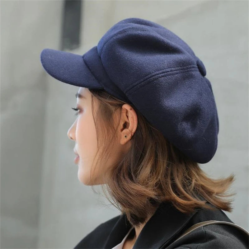 Women's Hat Autumn Warm Octagonal Hat Woolen Cloth Casual Beret Cap Solid Artist Painter Newsboy Hat Men Cap Boina