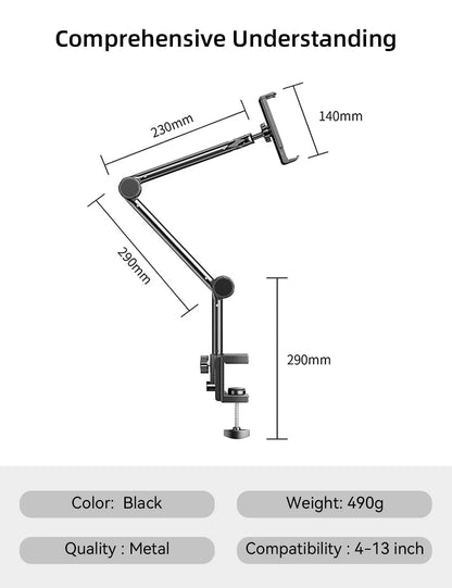 Tablet Holder iPad Desk Stand for 4~13In Phone Tablet with 360° Adjustable Foldable Metal Arm Tablet Bracket Holder