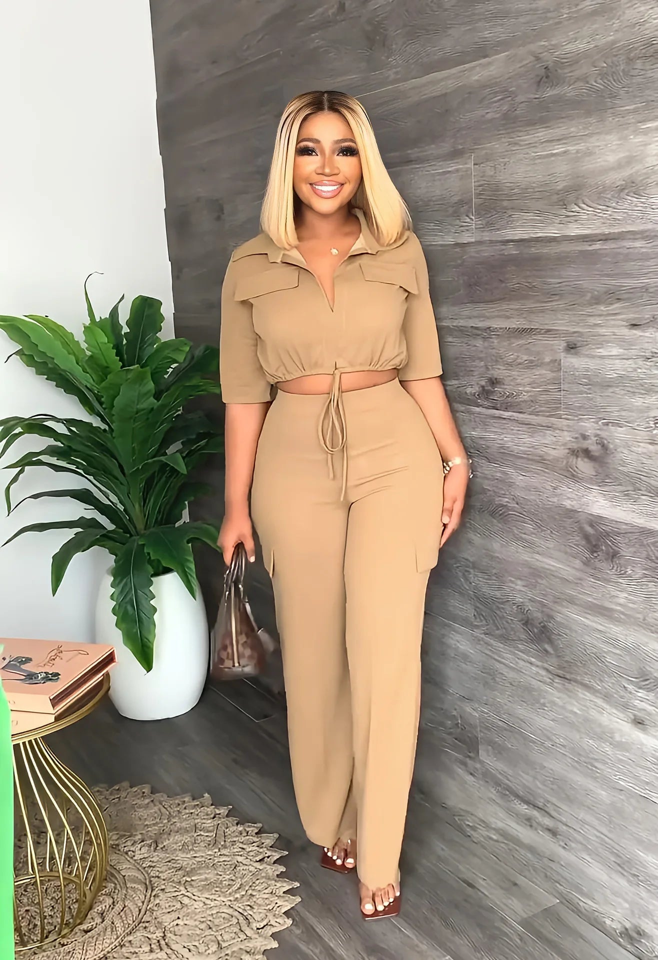 Elegant Office Women Two Piece Sets Autumn V Turn-down Neck Half Sleeve Drawstring Lace Up Short Shirt + Wide Leg Trousers Set