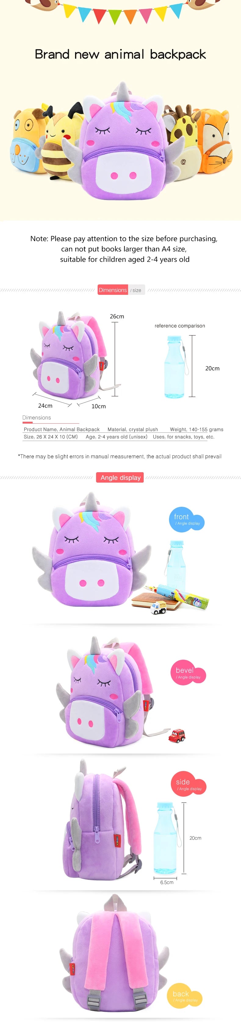 Girls School Backpack Cute Purple Unicorn Kids Plush Backpack Kindergarten School Bag