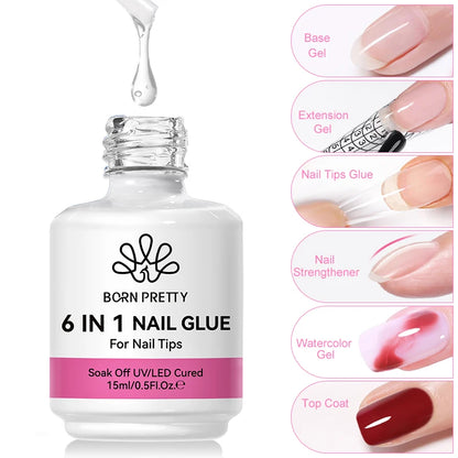 BORN PRETTY 15/10ML 6 IN 1 Nail Glue Gel for Acrylic Nails Soak off Base Gel Top Coat UV Extension Nail Gel False Nail Tips Gel