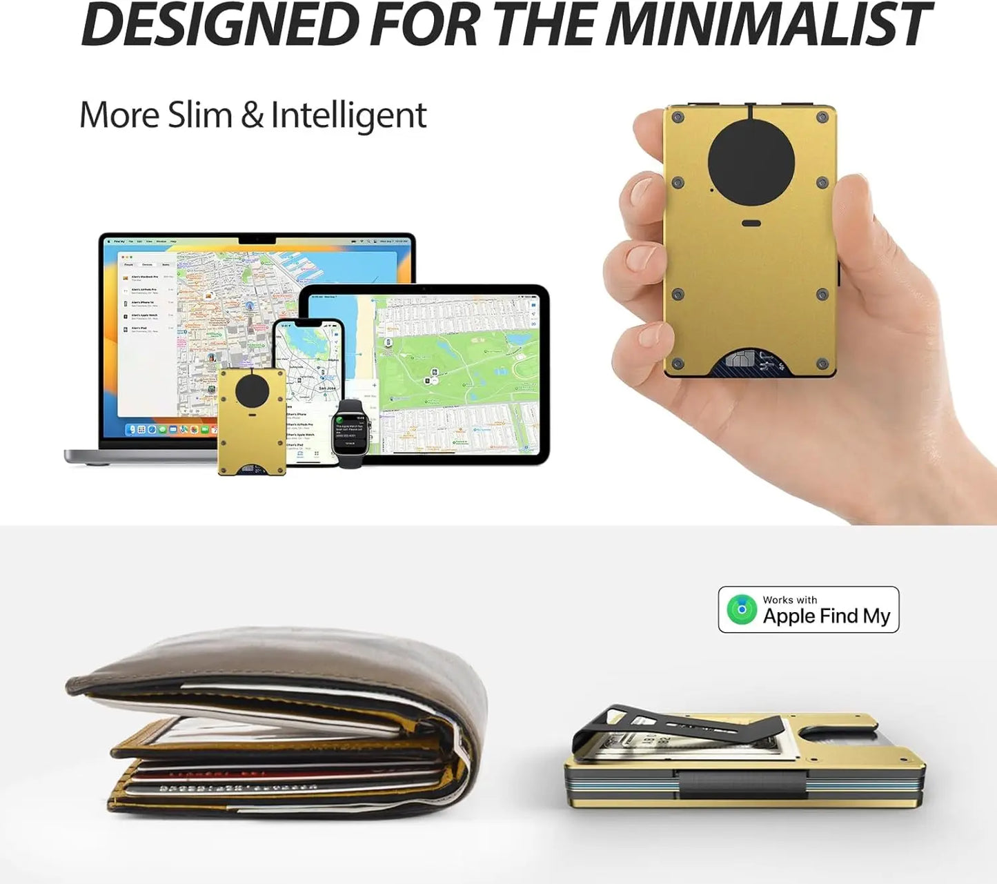 RFID Blocking Credit Card Holder, Slim Wallet For Men, Compatible with Find My iOS Only, Detachable Money Clip