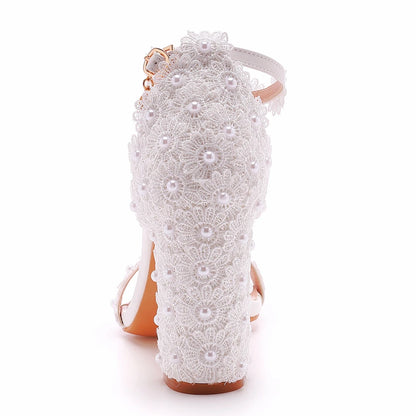 Crystal Queen Wedding Shoes Bride Elegant White Lace Pearl Design High Heels Women's High Heels Bride Wedding Shoes
