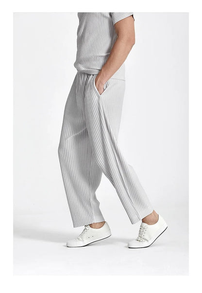Summer Pleated Pants Men Fashion Gray Black Casual Pants Men Japanese Streetwear Loose Straight Ice Silk Pants Mens Trousers