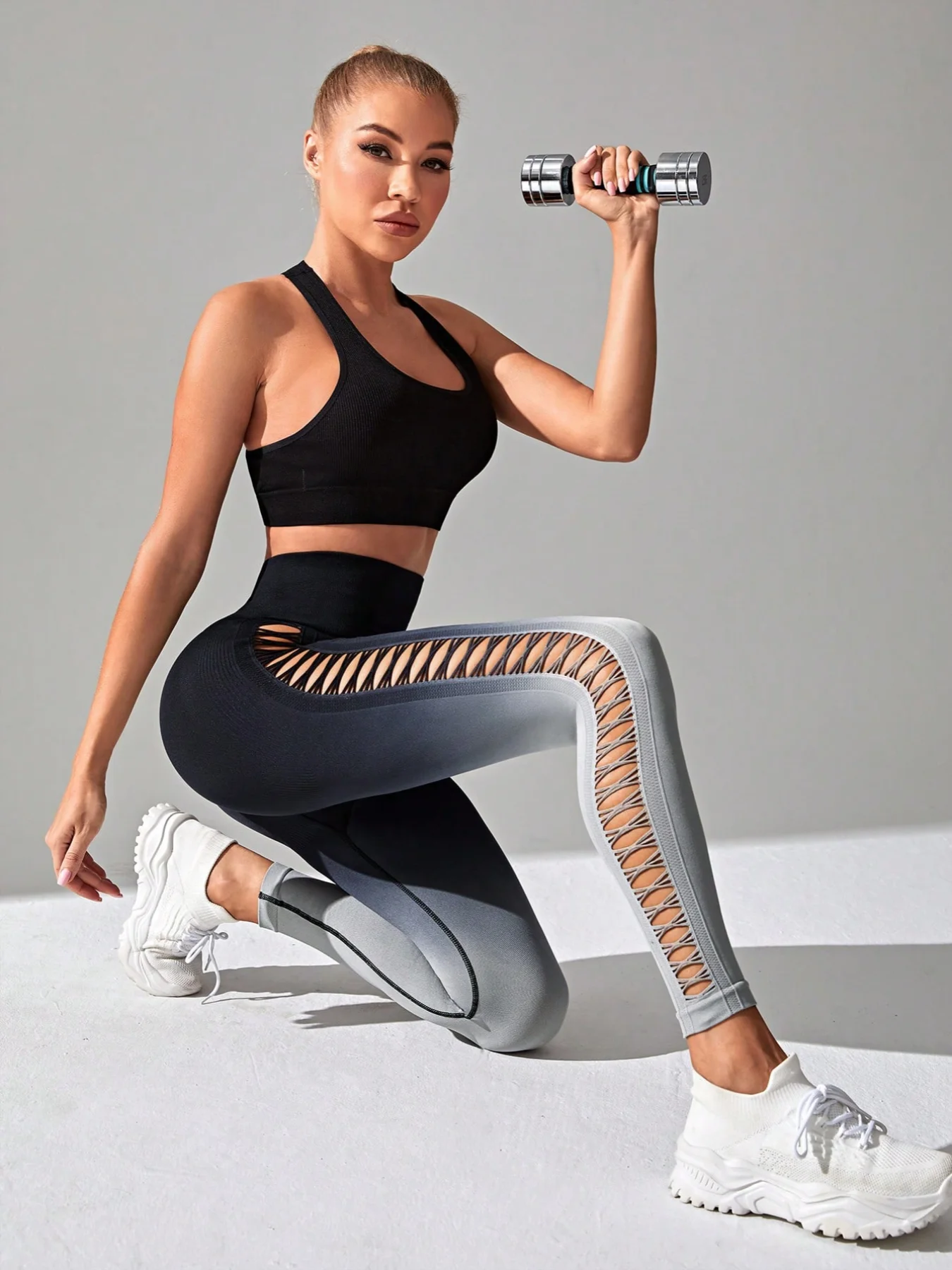 Women's High-Waisted Yoga Pants With Gradual Color Fade, Stretch Fabric, Breathable And Comfortable, Side Hollow Design