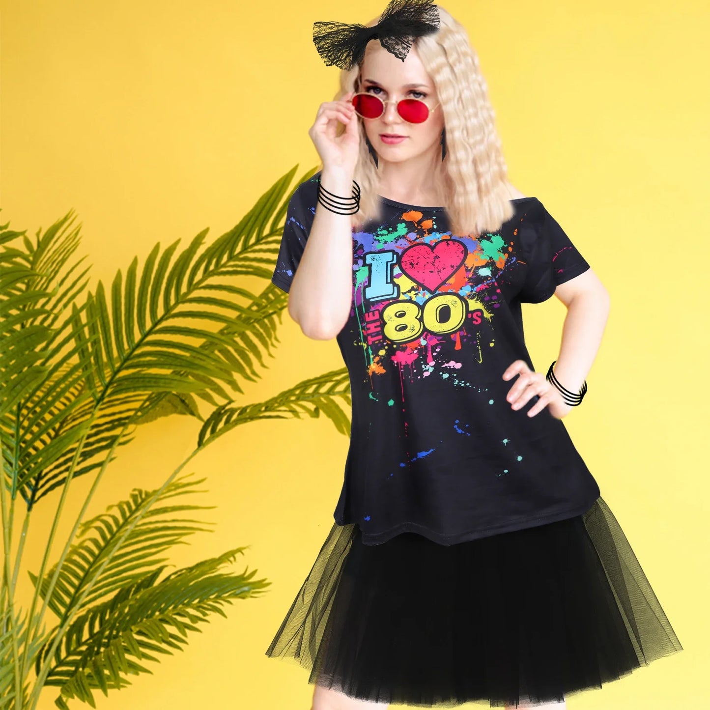 80s Fancy Dress Accessories Women Party Costume Set Adult Tutu Skirt Neon Fishnet Gloves Beaded Necklace Bracelet Earrings