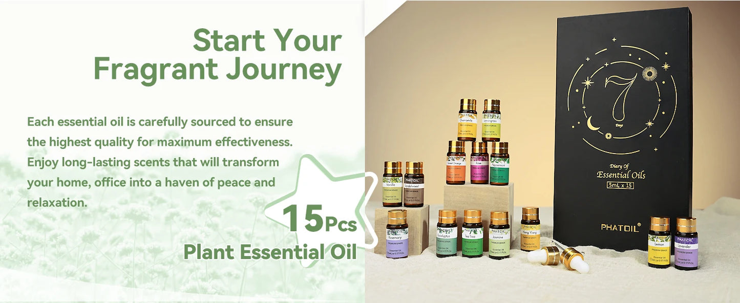 PHATOIL 15 Bottles Essential Oils Set-5ml Lavender Eucalyptus Vanilla Peppermint Rose Lemon Cinnamon Aromatherapy Essential Oils