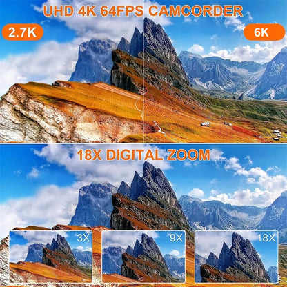 6K Ultra HD Professional Video Cameras for Photography 18X Digital Zoom YouTube Live Streaming Camcorders 64MP Vlogging Recorder