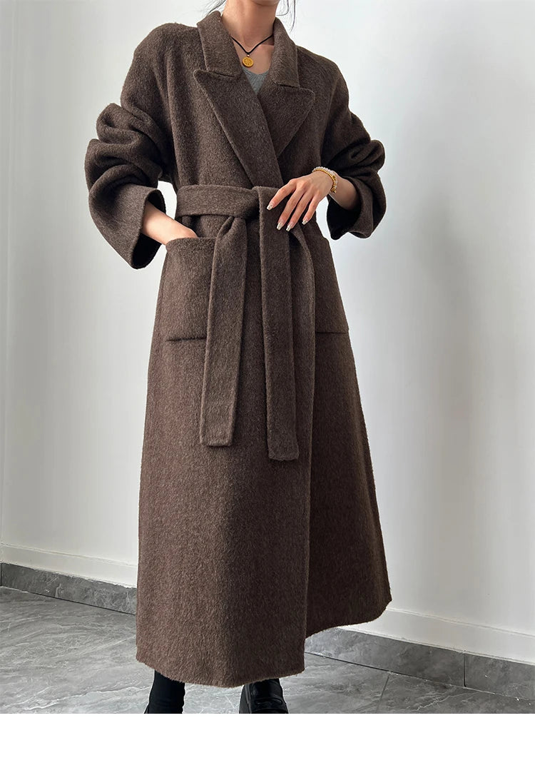 Office Lady Woolen Jackets 2024 Autumn And Winter Bathrobe Style Pocket Double-Sided Loose Lace -Up Tie Women's Long Wool Coats