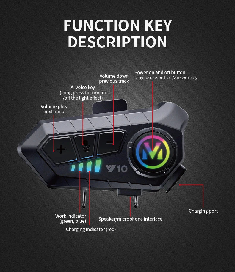 Y10 Motorcycle Helmet Bluetooth Headset 2000Mah Super Long Standby Wireless Hands-free Waterproof Motorbike Earphone