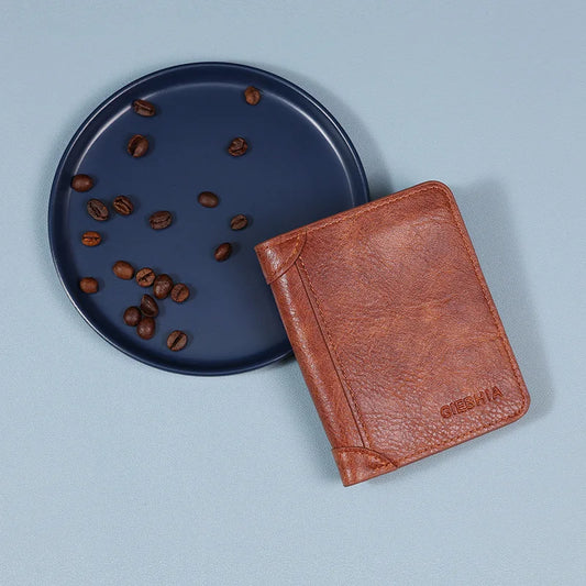 Men's Wallets RFID Blocking Genuine Leather Trifold Business Short Purse Wallet for Men with ID Window and Credit Card Holder