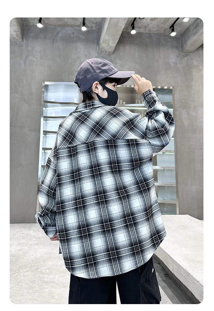 Baby Boys Shirts Fashion Classical Black White Color Plaid Blouse Gentlemen's Long Sleeve Shirt Teen Kids Tops Boys Clothes 5-14