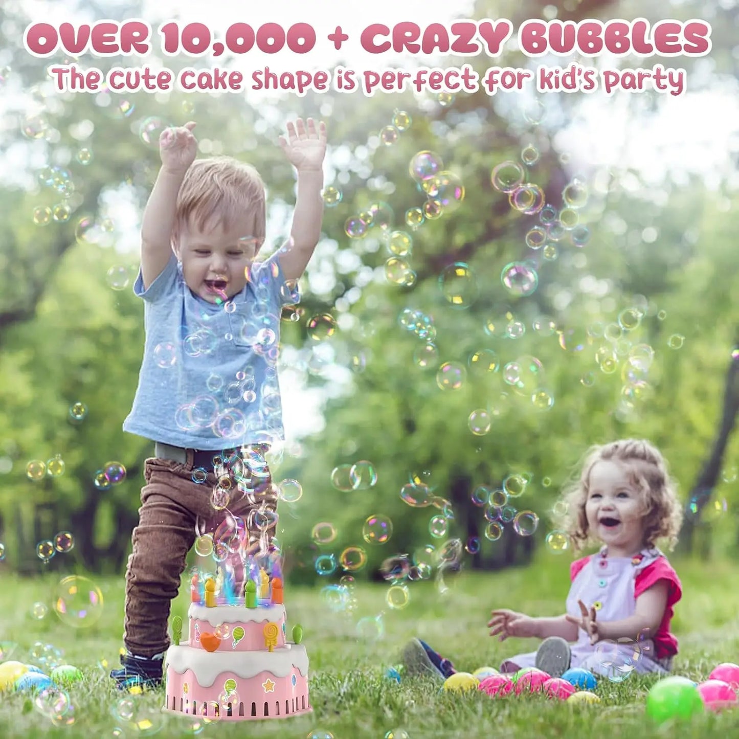 Birthday Cake Bubble Machine for Kids Automatic Bubble Blower 10000+ Bubbles Per Minute/Lights/Music Summer Bubble Maker Toys