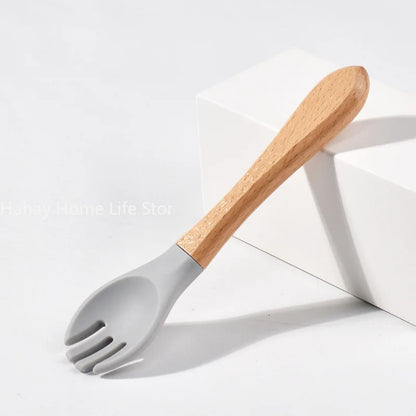 Baby Silicone Feeding Set with Wooden Handle Soft Training Spoon and Fork for Kids