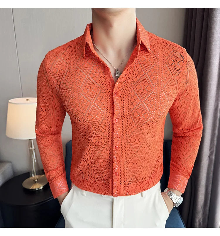 Quality Hollow Shirts For Men Korean Luxury Clothing Fashion Sexy Lace Men's Social Shirt Dress Slim Fit Long Sleeve Prom Tuxedo