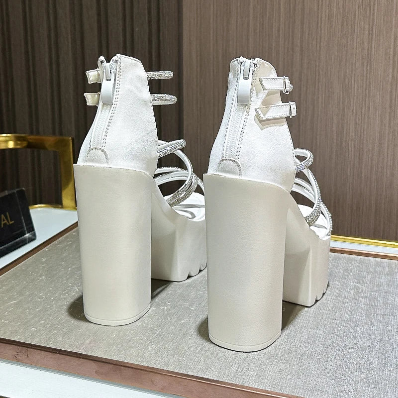 Car Model Catwalk Banquet Performance Women's Shoes 16 Cm Waterproof Pole Dance Crystal 15CM High Heel Chunky Sandals