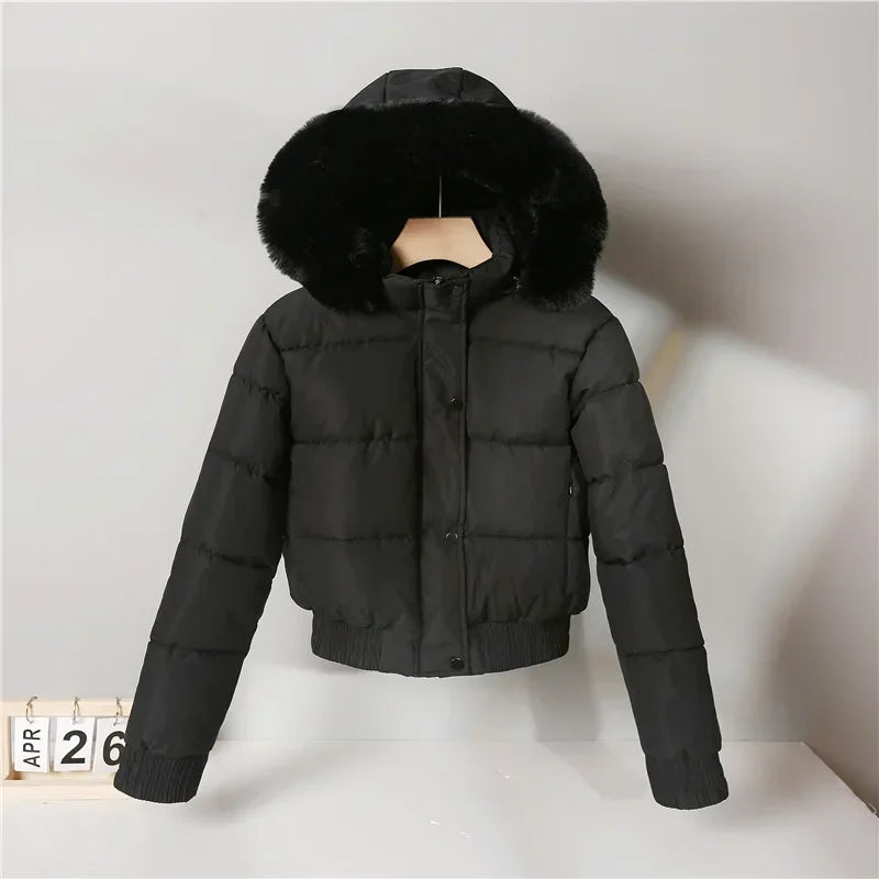 2024 Quilted Hooded Down Jacket Women's Winter Thick Cotton Coat Warm Bakery Coats Big Fur Collar Loose Cotton Coat