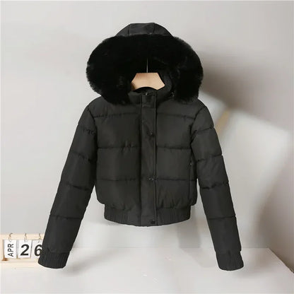 2024 Quilted Hooded Down Jacket Women's Winter Thick Cotton Coat Warm Bakery Coats Big Fur Collar Loose Cotton Coat