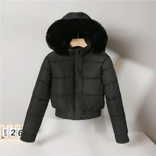 2024 Quilted Hooded Down Jacket Women's Winter Thick Cotton Coat Warm Bakery Coats Big Fur Collar Loose Cotton Coat