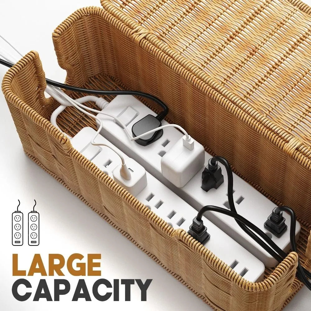 Handwoven Cable Management Box with Lid Hide Power Strip and Router Imitation Rattan Box 2 Open Slots Cord Organizer Hider Box