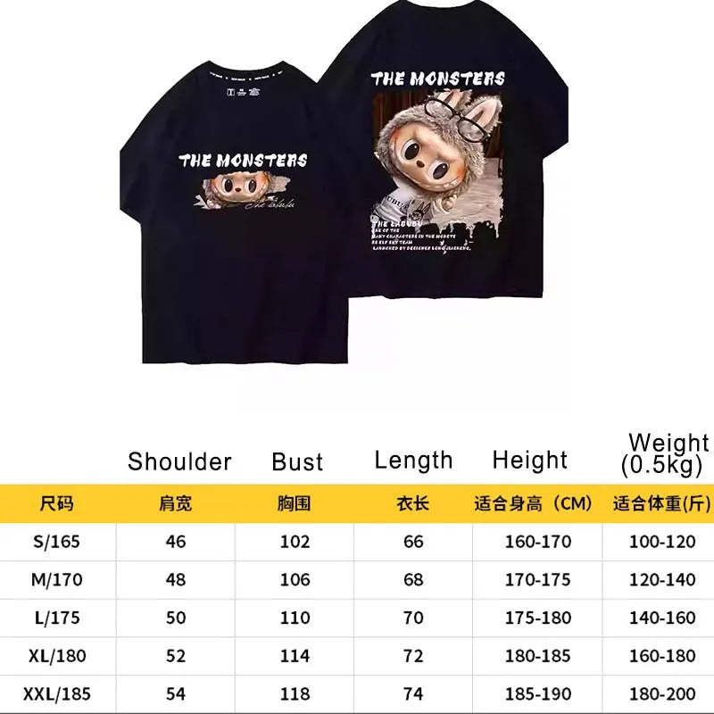 LABUBU The Monsters T-Shirt Cartoon Print Pure Cotton Short-Sleeved Top Couple Versatile Casual Trend Clothes For Adult Gift