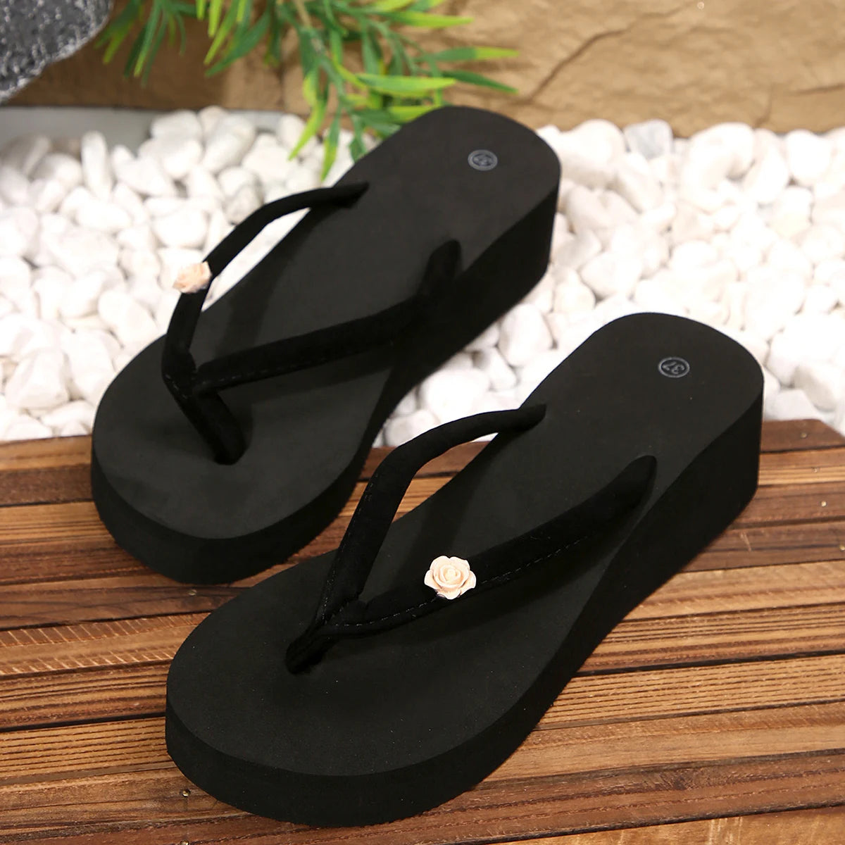 Flip-Flops for Women Summer Simple Fashion Outer Wear Non-Slip Wedge Heel Flip-Flops Mid-Heel