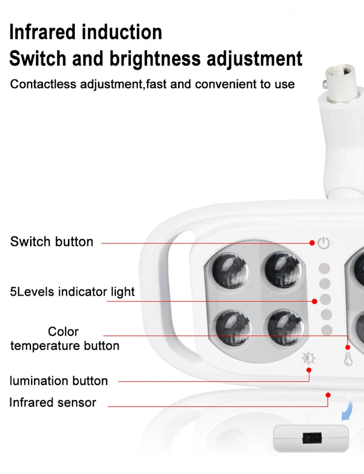 Dental Oral Light 8Bulds LED With Smart Sensor Switch Adjustable Brightness Surgical Lamp Dentistry Induction Yellow White Light