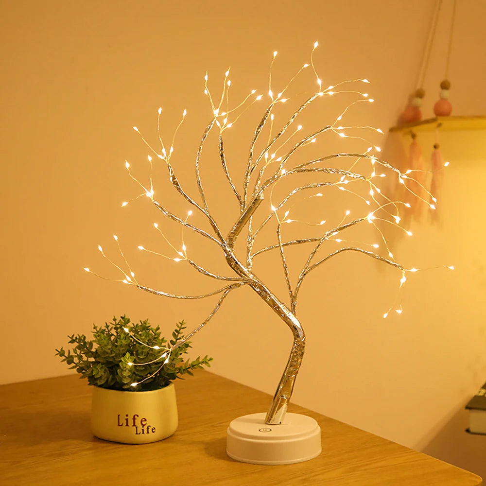 LED Tree Lights Artificial Decorative Fairy Light Battery Operated Tabletop Bonsai Lamp for Party Holiday Camping Summer Decor