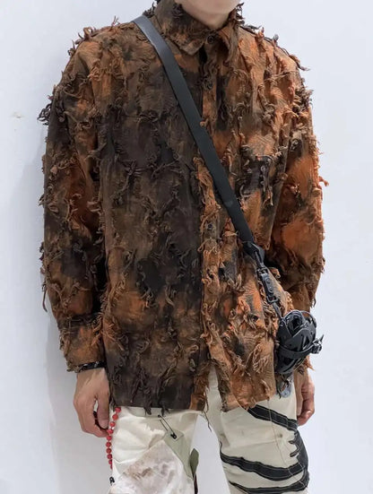 PFHQ Tie Dye Patchwork Shirts Men's Turn-down Collar Long Sleeve Tops Personalized Single Breasted Tassel Male Clothing 21Z9142