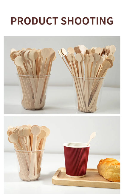 100pcs Round Disposable Wooden Coffee Stirrers Coffee Stirrer Sticks Stir Beverage Sticks Stir for Bar Cafe  or Home Use
